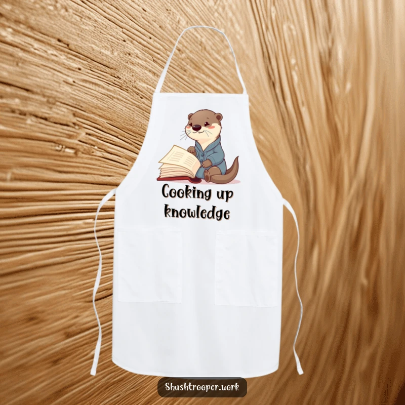 Funny Otter Librarian Apron: A curious otter in a cardigan points at an open giant book, ready for kitchen tasks.