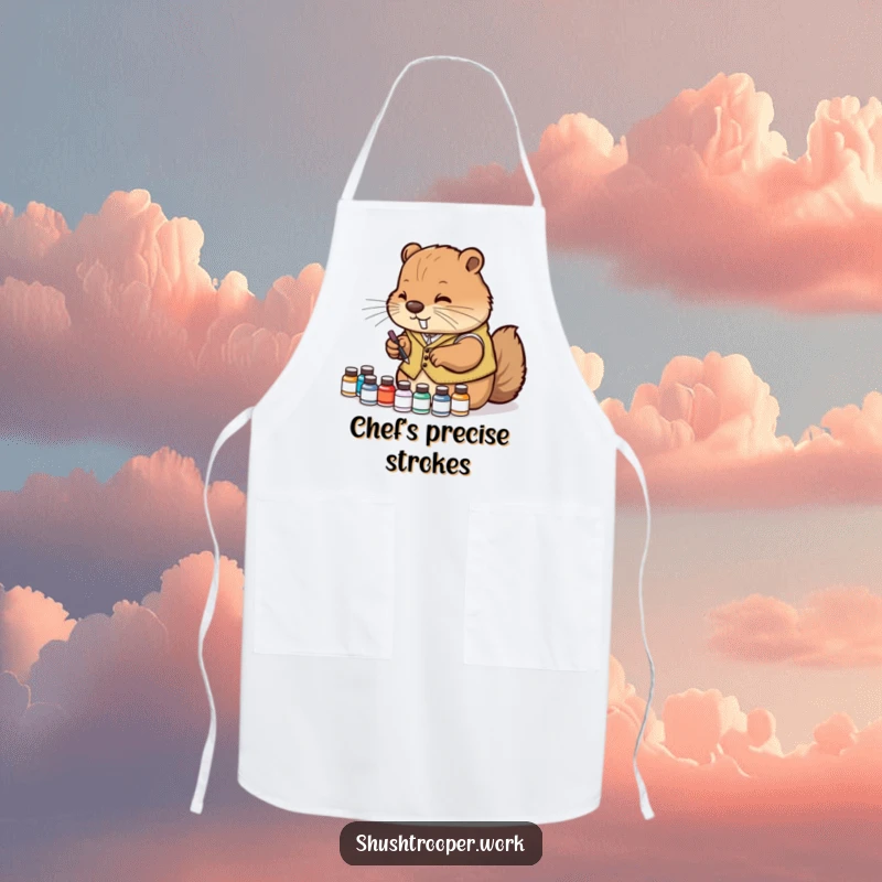 Funny Apron featuring a diligent beaver wearing a vest, arranging tiny ink bottles, ideal for artists.