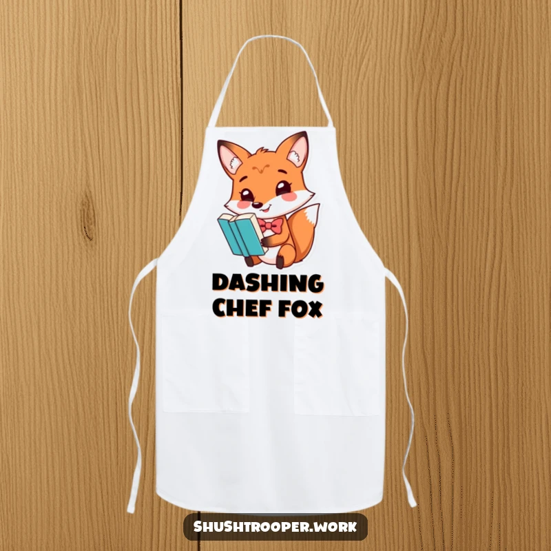 Funny fox wearing a bowtie, balancing a book on its nose, featured on a stylish kitchen apron.