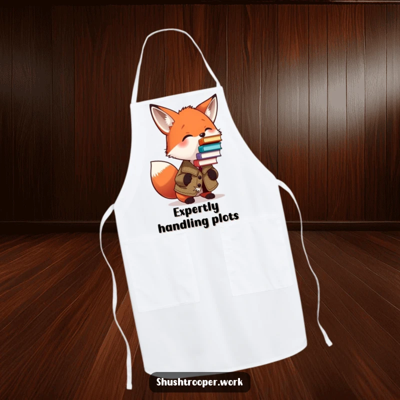 Funny Fox Chef Apron: A fox in a tweed jacket humorously balances a stack of books on its nose while cooking.