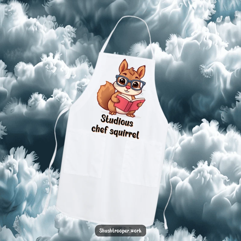 Funny squirrel wearing glasses, holding a book while wearing an apron, suggesting a smart and culinary enthusiast.