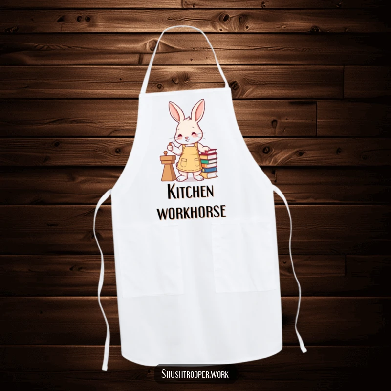 Funny busy bunny wearing an apron, efficiently stamping books with its paw, featured on a kitchen apron.
