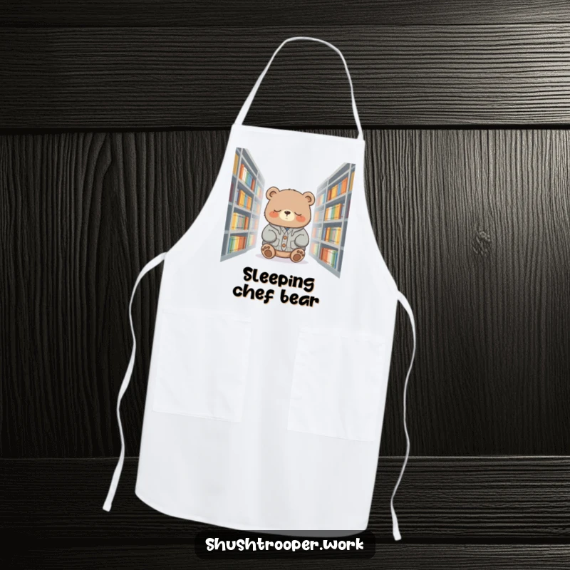 Funny sleepy bear in a cardigan, near library books, featured on a kitchen apron, suggesting calm cooking.
