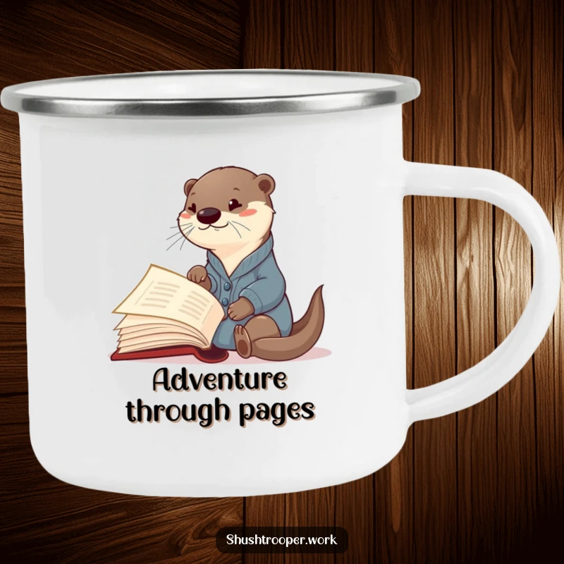 Funny Otter Librarian Camping Mug: A curious otter in a cardigan points at a giant book, ideal for outdoor study.