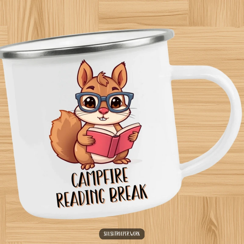 Funny squirrel in glasses reading a book on an enamel camping mug, perfect for outdoor literary enthusiasts.