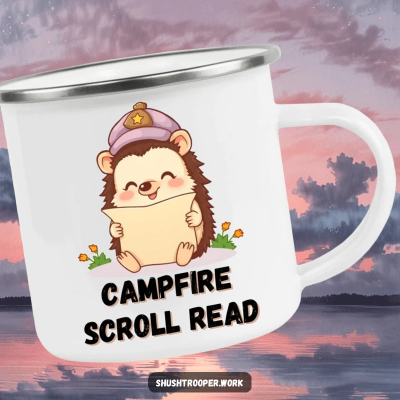 Funny Camping Mug with a happy hedgehog wearing a cap, reading a miniature scroll, perfect for outdoor use.