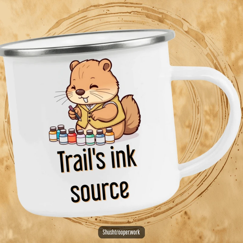 Funny Camping Mug with a diligent beaver wearing a vest, arranging tiny ink bottles, perfect for outdoor use.