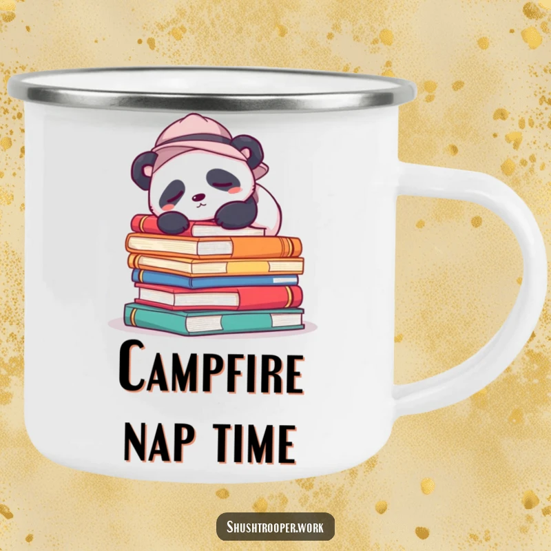 Funny Camping Mug with a sleepy panda wearing a hat, snoozing on colorful books, perfect for outdoor use.