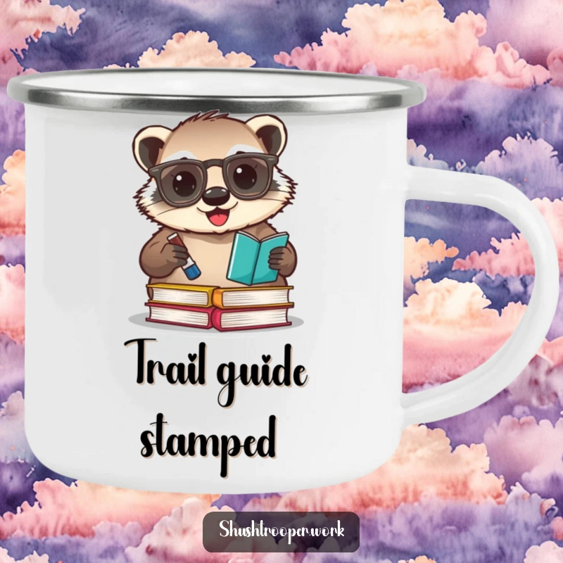 Funny badger librarian camping mug, showing a happy badger with glasses stamping books with an ink pad.