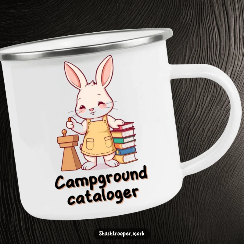 Funny busy bunny wearing an apron, stamping books, on an enamel camping mug.