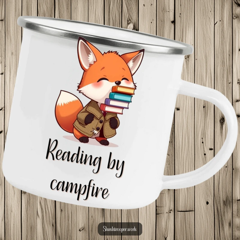 Funny Fox Explorer Mug: A fox in a tweed jacket humorously balances a tower of books on its nose by a campfire.