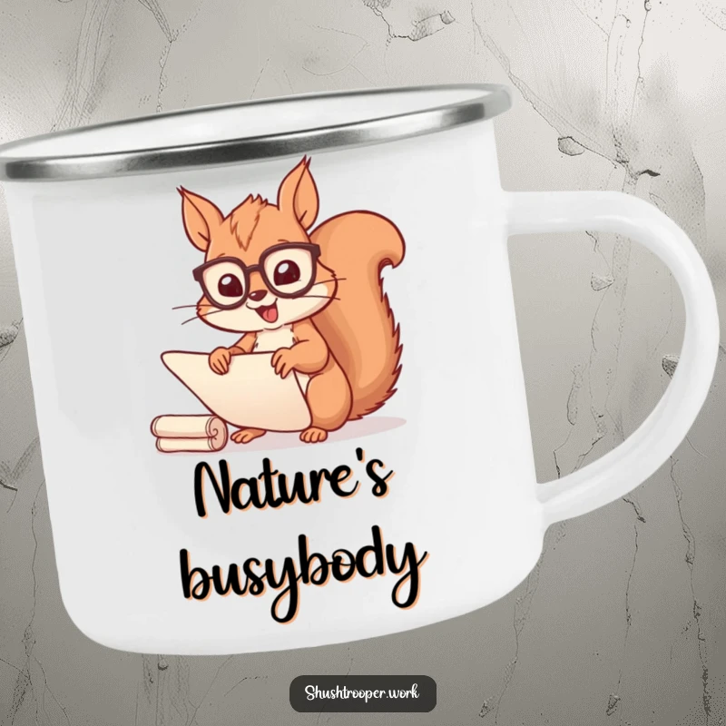 Funny Squirrel Scribe Camping Mug: A cheerful squirrel in spectacles happily sorts scrolls, ideal for outdoor adventures.