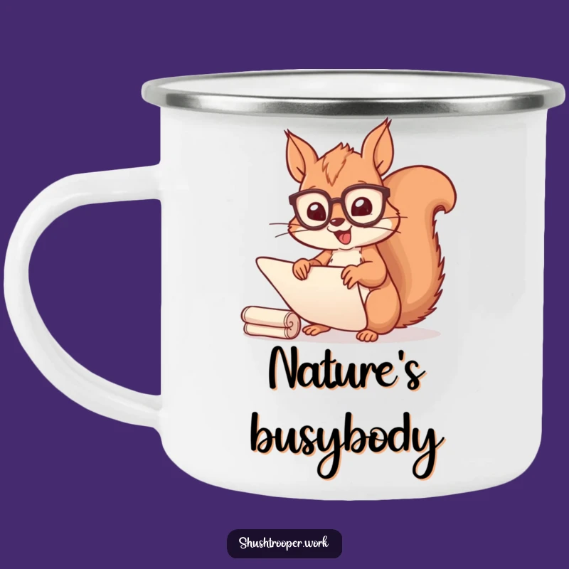Funny Squirrel Scribe Camping Mug: Enamel Cheerful Spectacled Scroll Sorter Cup
