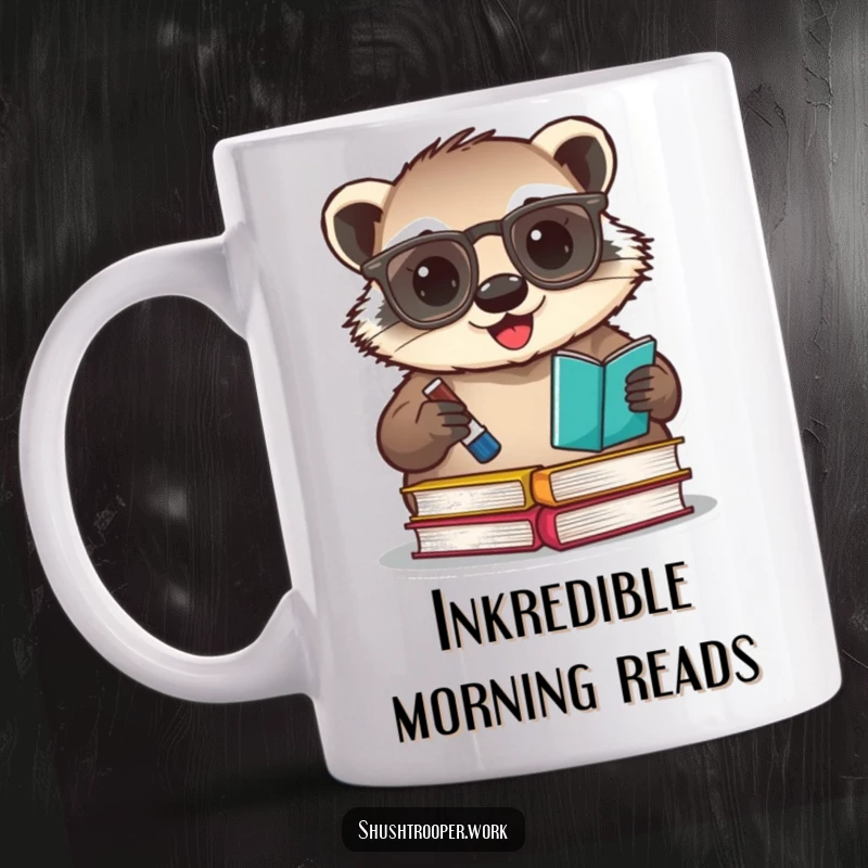 Funny badger librarian mug, a happy badger with glasses, enthusiastically stamping a book with ink.