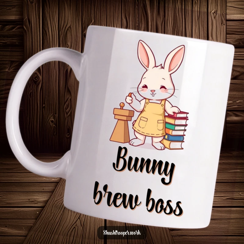Funny busy bunny wearing an apron, efficiently stamping books with its paw on a mug.