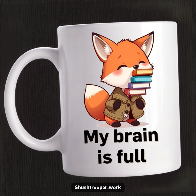 Funny Fox Librarian Mug: A tweed-clad fox humorously balances a tall stack of books on its nose, looking studious.