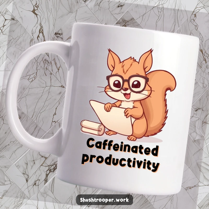Funny Squirrel Scribe Mug: A cheerful squirrel wearing spectacles sorts scrolls with swift, happy movements.