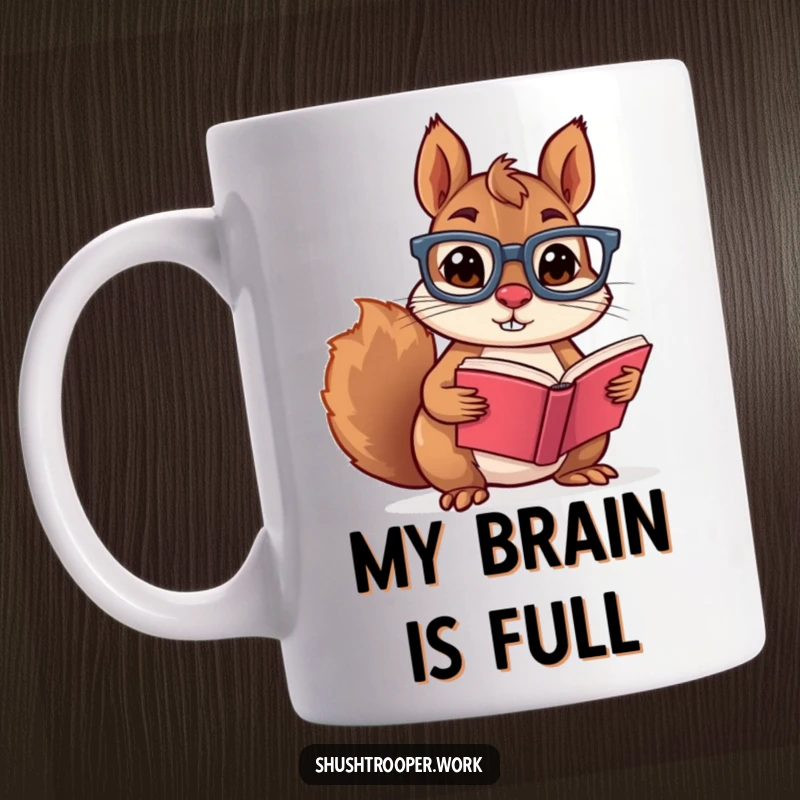 Funny squirrel wearing glasses reading a small book on a mug, showcasing studious mischief and a love for literature.