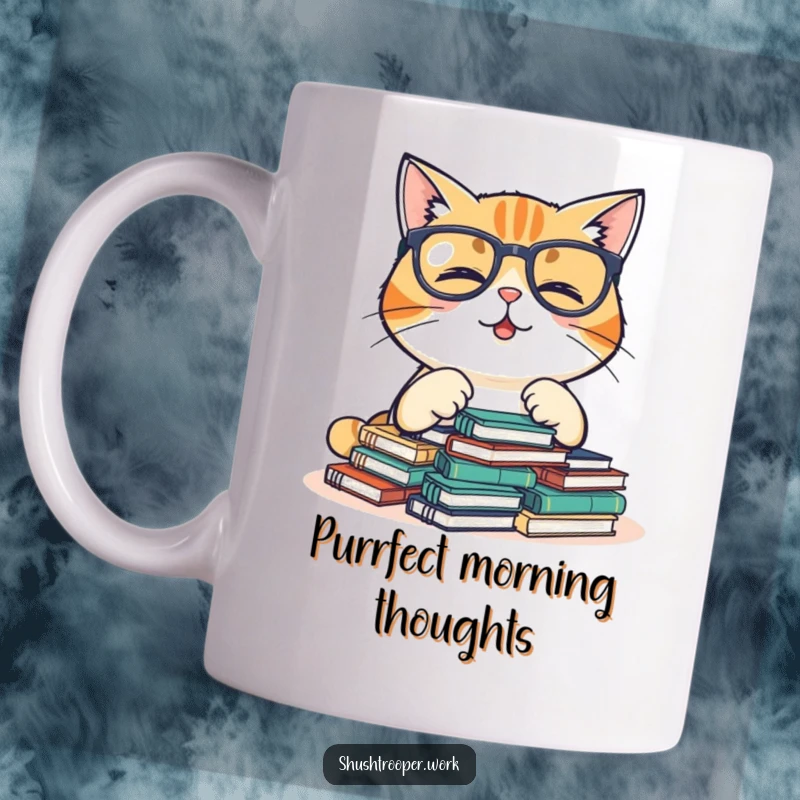 Funny Mug with a giggling cat wearing glasses, meticulously organizing a pile of tiny notebooks, celebrating order and humor.
