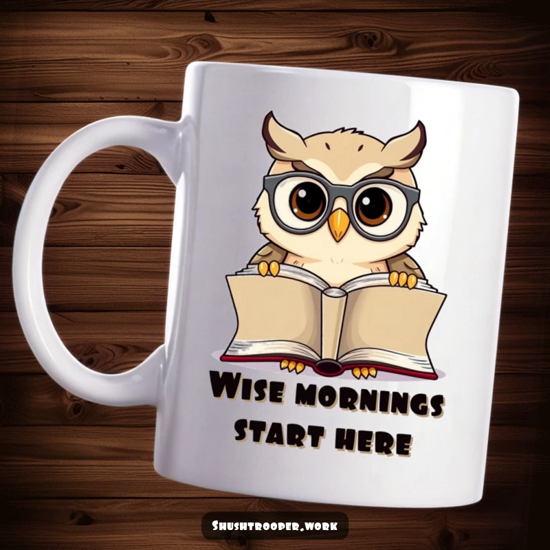 Funny Owl Librarian Mug: A cheerful owl wearing tiny spectacles, peering intently at an open book.