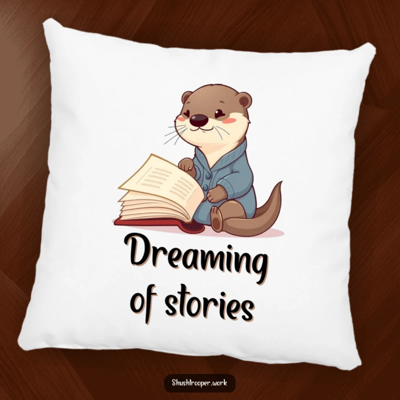 Funny Otter Librarian Pillow: A curious otter in a cardigan points at a giant book, offering comfort and learning.