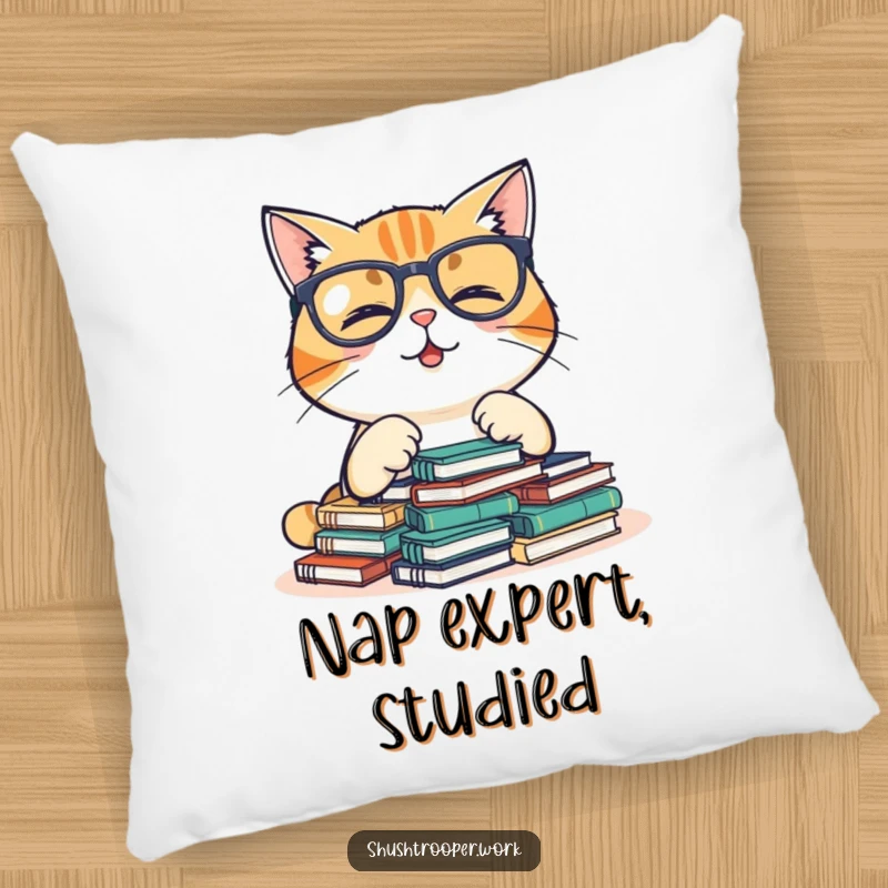 Funny Pillow with a giggling cat in glasses organizing tiny notebooks, perfect for adding comfort and charm.