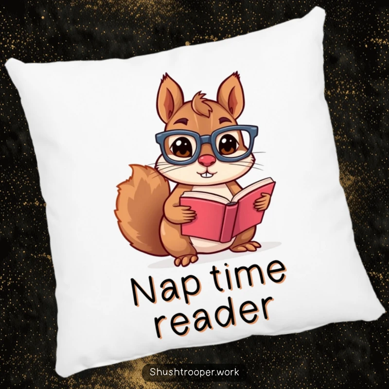 Funny squirrel in glasses reading a book, depicted on a soft pillow, ideal for adding comfort and humor to a room.