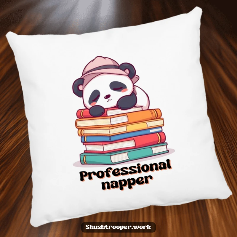 Funny Pillow with a sleepy panda in a hat snoozing on colorful books, perfect for adding comfort and charm.