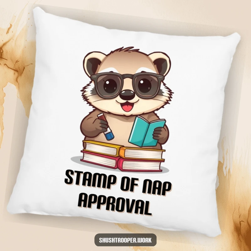 Funny badger librarian pillow, featuring a happy badger with glasses stamping books with an ink pad.