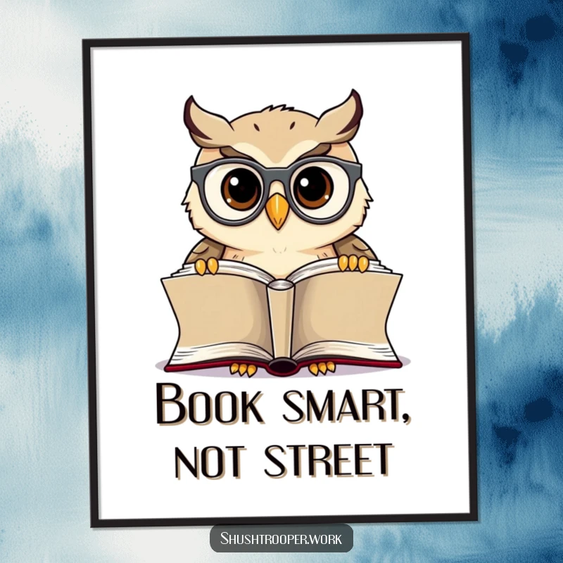 Funny Owl Librarian Digital Art: Cheerful owl with spectacles, reading intently, ready for download.