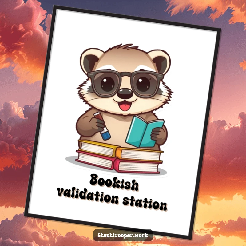Funny badger librarian digital art print, showing a happy badger with glasses stamping books with an ink pad.