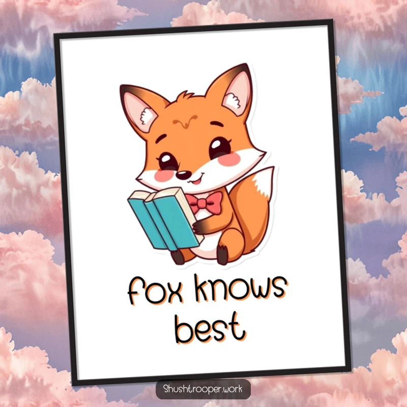 Funny playful fox wearing a bowtie, balancing a book on its nose, as digital art print.