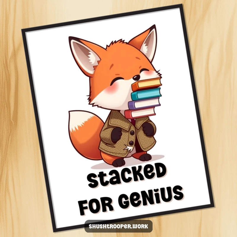Funny Fox Literary Art Print: A fox in a tweed jacket humorously balances a teetering tower of books on its nose.
