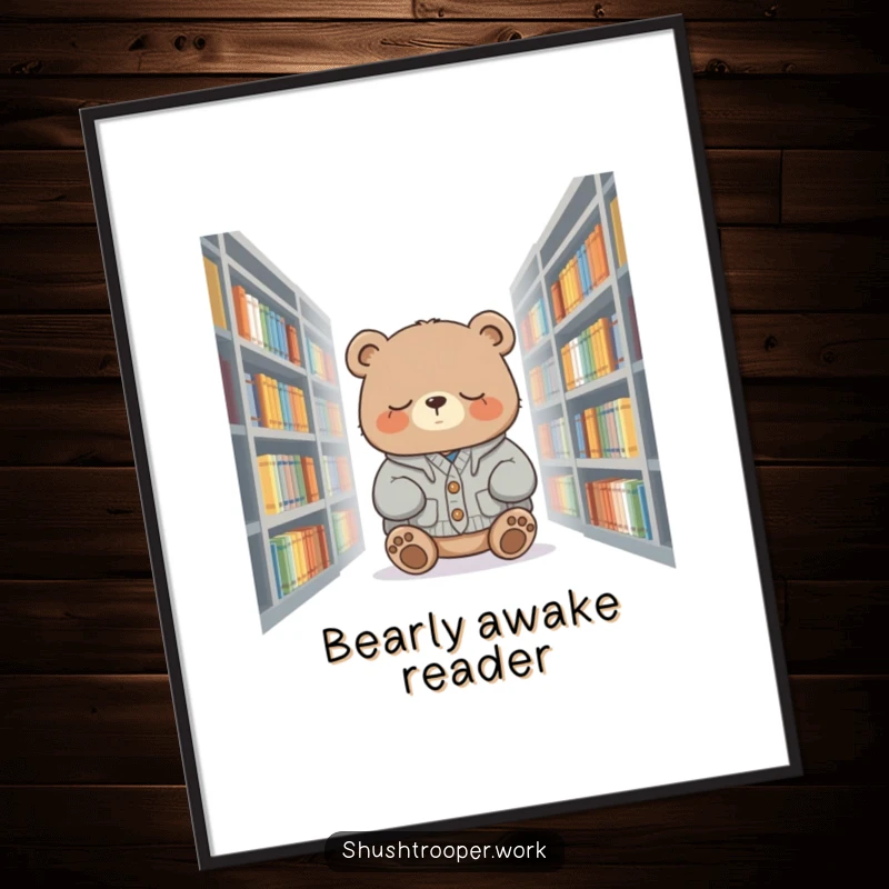 Funny sleepy bear wearing a cardigan, nodding off among library shelves, as digital art print.
