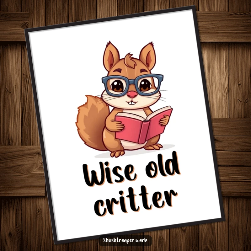 Funny squirrel wearing glasses, holding a tiny book, as digital art print radiating intelligence and mischief.