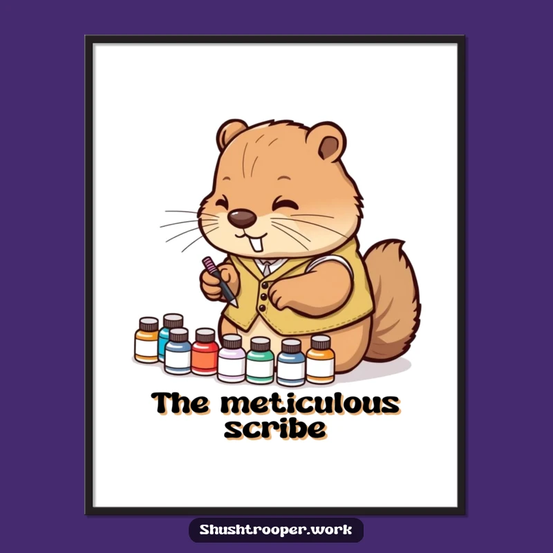 High-Quality Funny Diligent Beaver Digital Art: Meticulous Ink