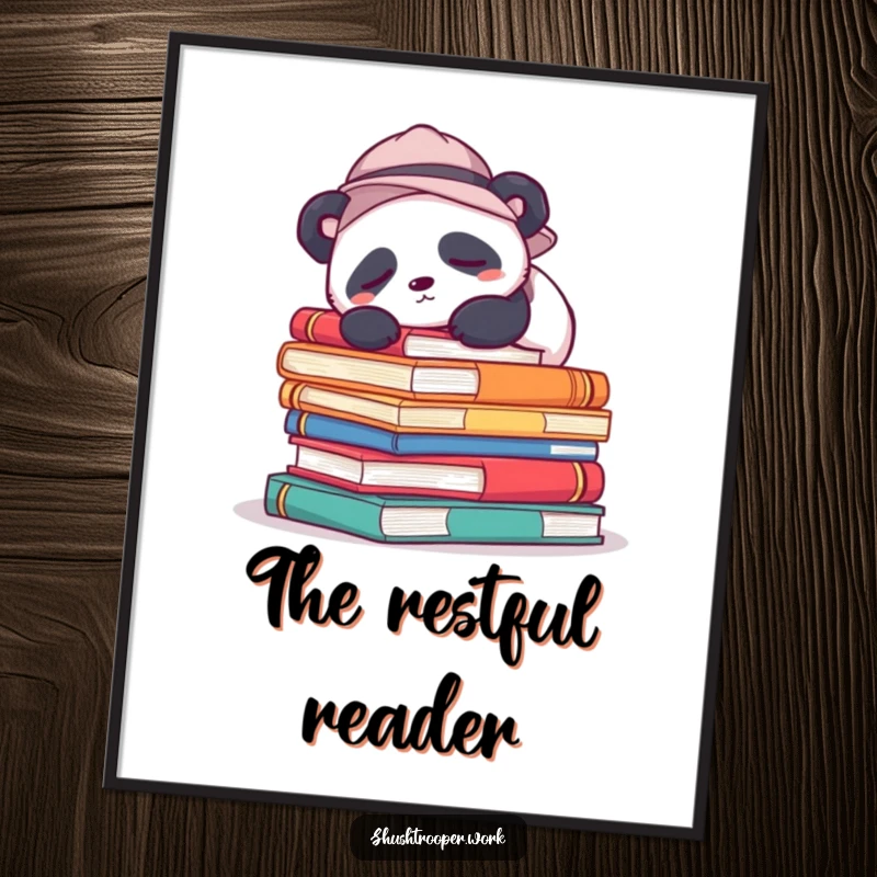 Funny Digital Art Print of a sleepy panda wearing a hat, snoozing on colorful books, ideal for cozy decor.