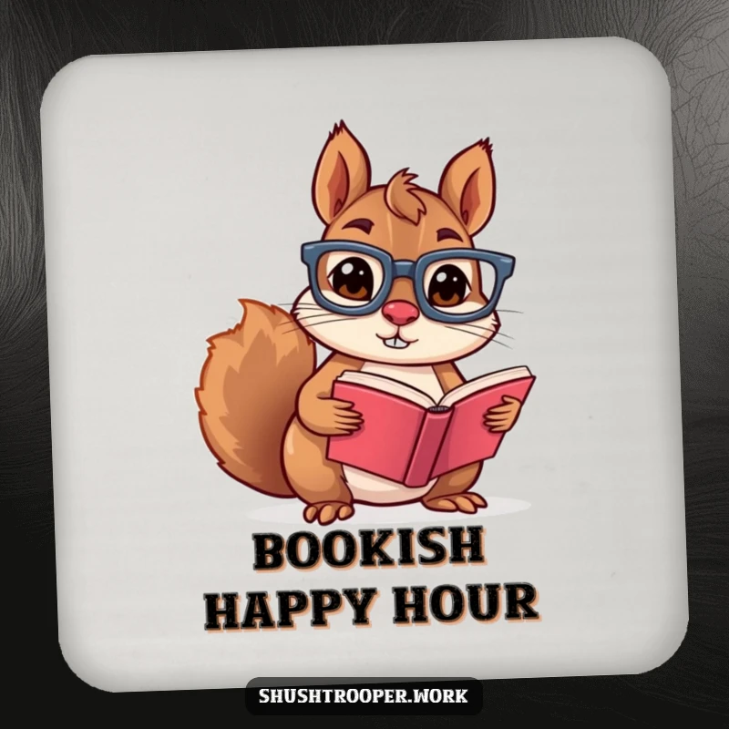 Funny squirrel with glasses holding a book, depicted on a drink coaster, adding a touch of wit to any table.