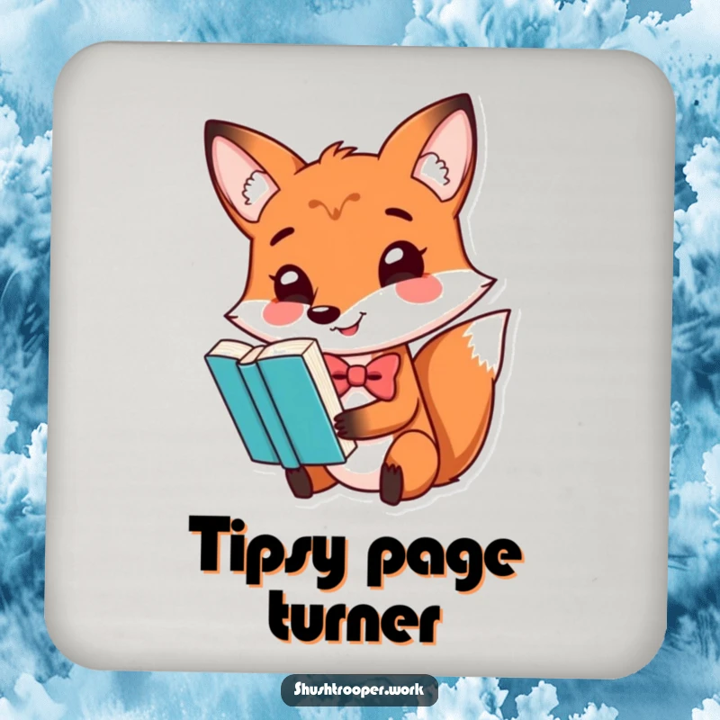 Funny fox wearing a bowtie, balancing a book on its nose, depicted on a drink coaster.