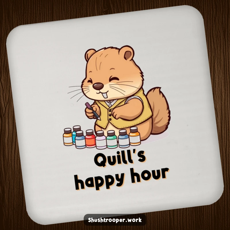 Funny Drink Coasters featuring a diligent beaver in a vest organizing tiny ink bottles, perfect for tabletops.
