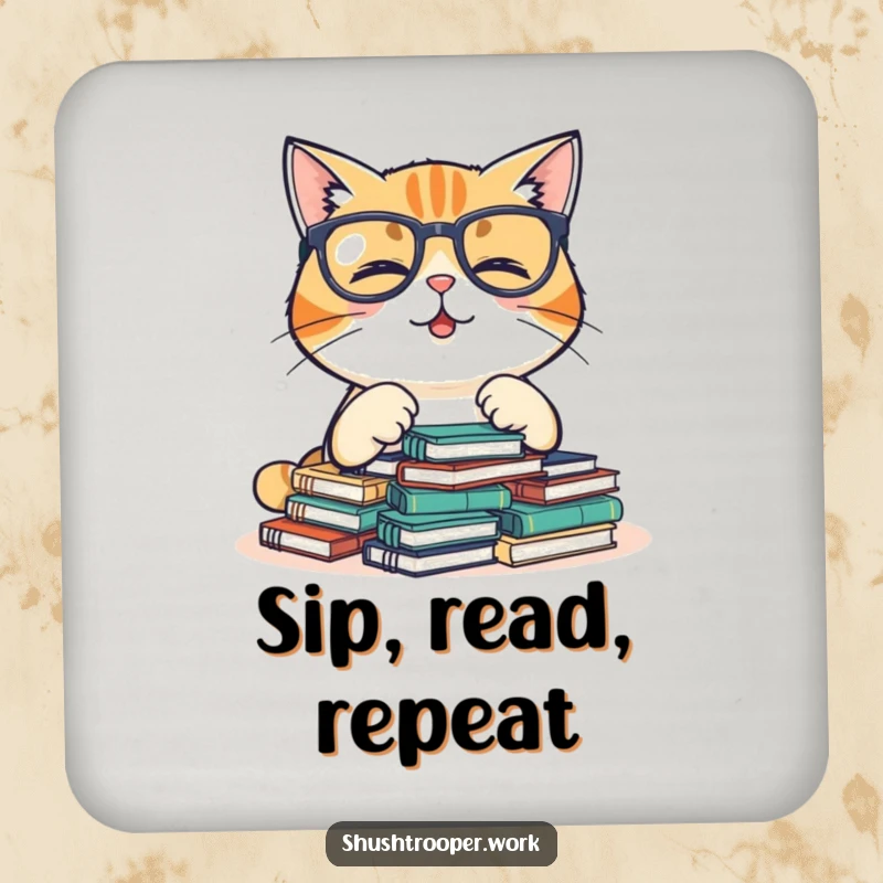 Funny Drink Coasters featuring a giggling cat in glasses organizing tiny notebooks, perfect for tabletops.