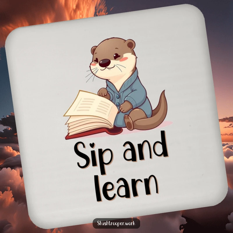 Funny Otter Librarian Coaster: A curious otter in a cardigan points at a giant book, protecting surfaces.