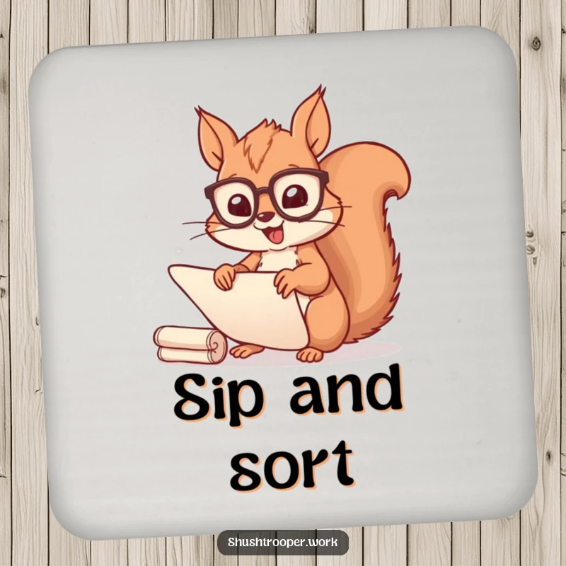 Funny Squirrel Scribe Coaster: A cheerful squirrel in spectacles happily sorts scrolls, protecting surfaces.