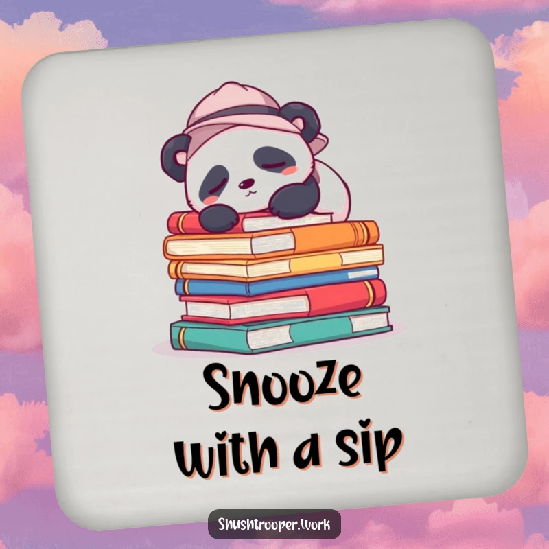 Funny Drink Coasters featuring a sleepy panda in a hat snoozing on colorful books, perfect for tabletops.