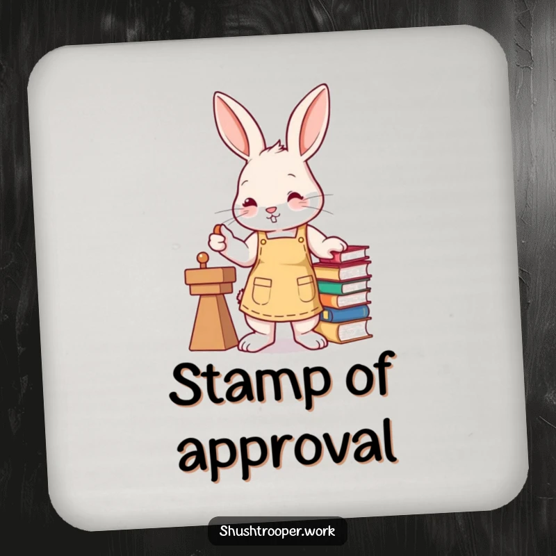 Funny busy bunny wearing an apron, stamping books with a paw, depicted on a drink coaster.