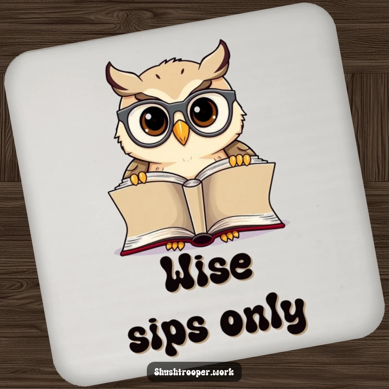 Funny Owl Librarian Coaster: Cheerful owl with spectacles, reading, protecting your drinks with style.