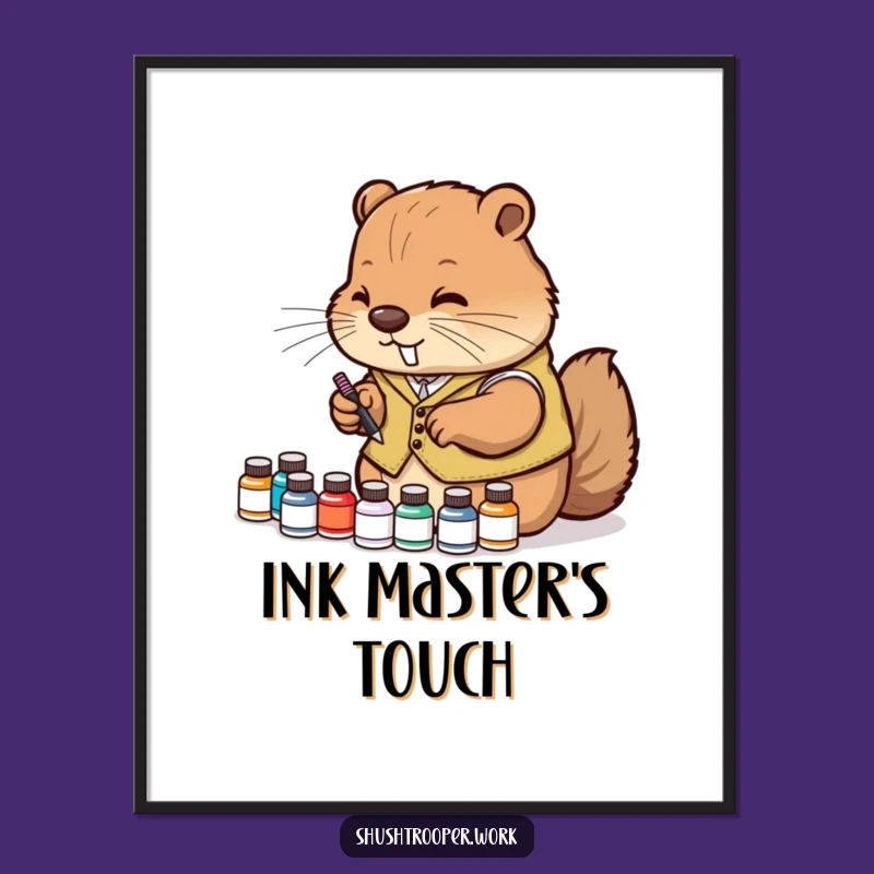 Detailed Funny Diligent Beaver Poster: Meticulous Ink Arrangement Art