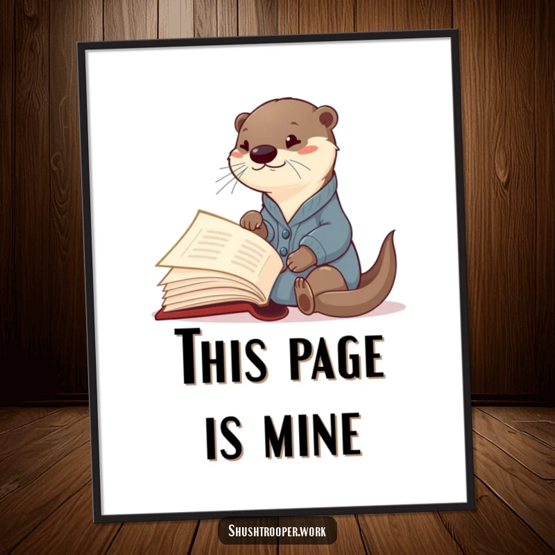 Funny Otter Librarian Poster: A curious otter in a cardigan excitedly points at an open page of a massive book.