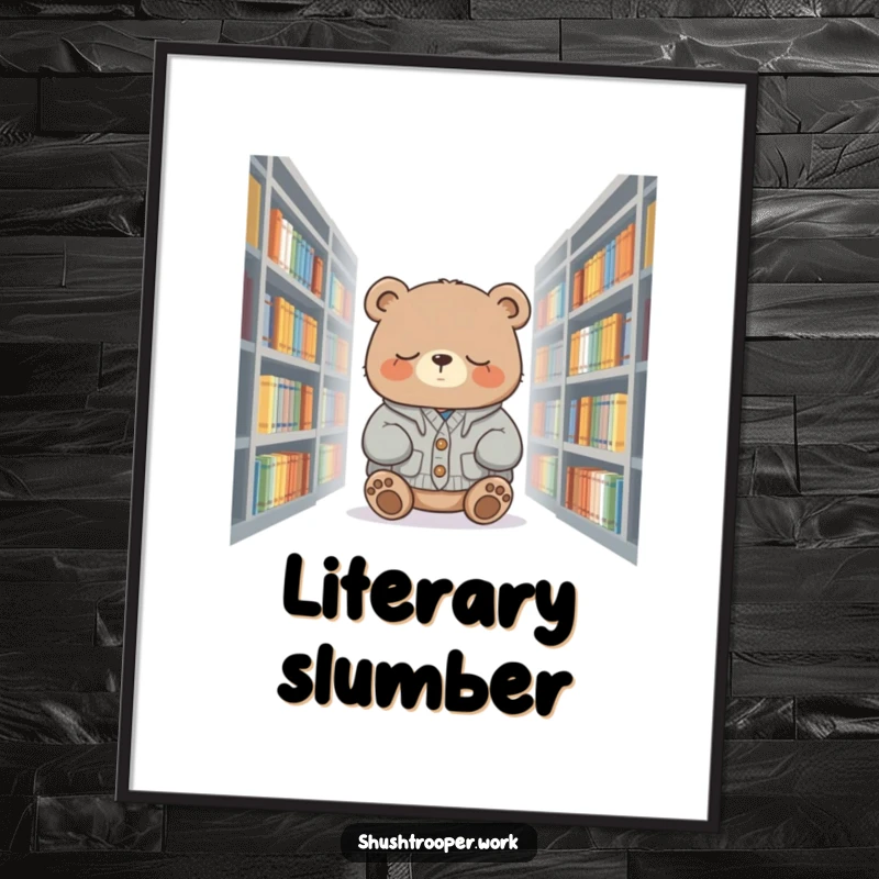 Funny sleepy bear in a cardigan, dozing among library shelves, presented as whimsical wall art on a poster.