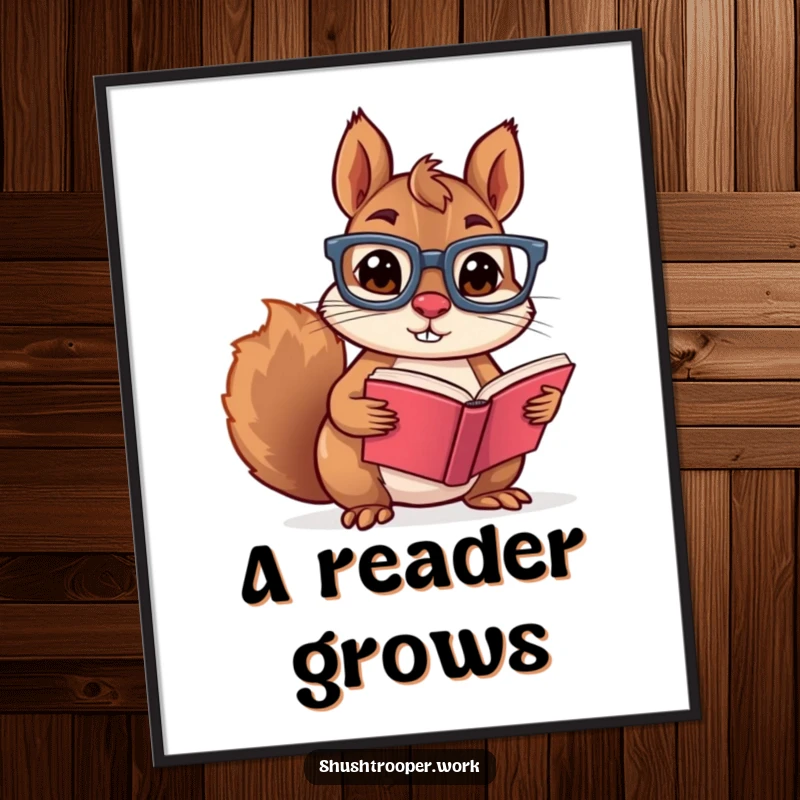 Funny mischievous squirrel wearing glasses intently reading a tiny book, displayed as whimsical wall art on a poster.